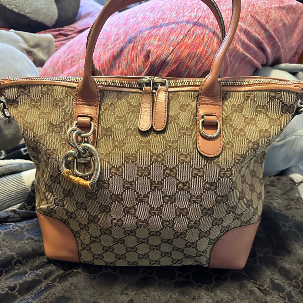 Gucci Beige Monogram Canvas Tote with Tan Leather Trim